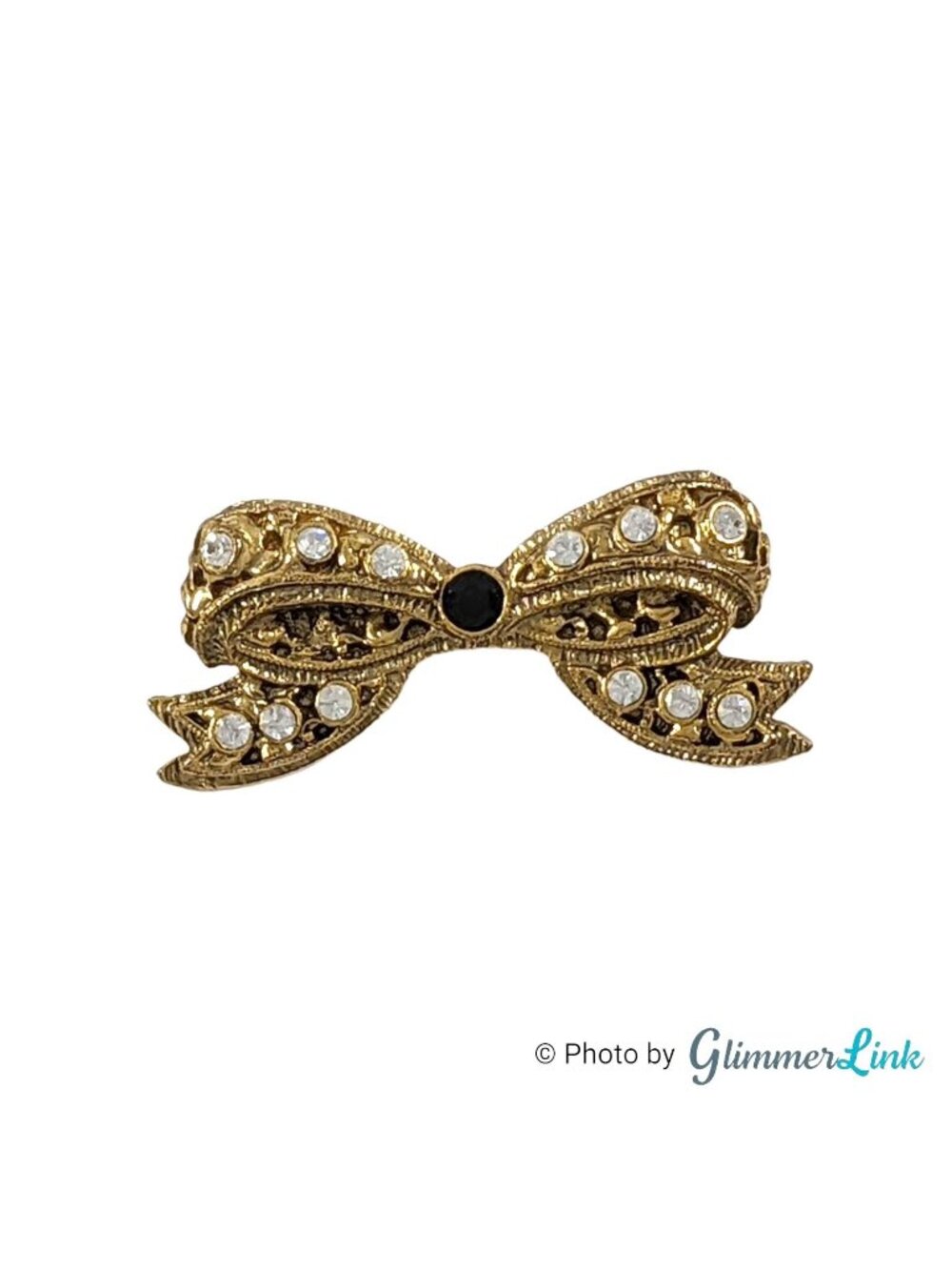 Vintage Gold Tone Bow Brooch β Black and Clear Rhinestones, Victorian Style